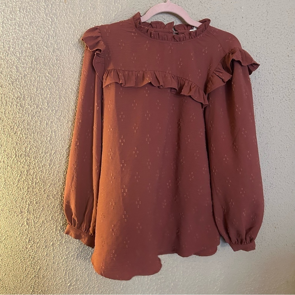 JODIFL Brown Ruffled Long Sleeve Blouse Size L Chic Business Casual Office